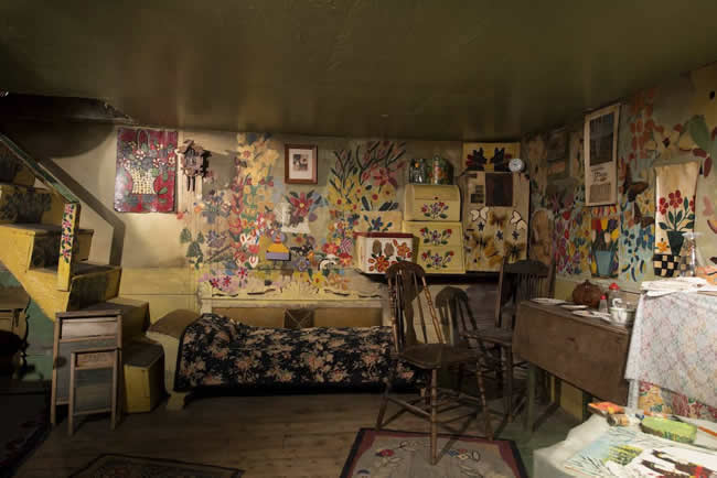 The painted interior of Maud Lewis' home, as it is preserved in the Art Gallery of Nova Scotia.