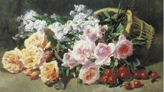 Fleurs et Cerises French 19th Century Floral Painting