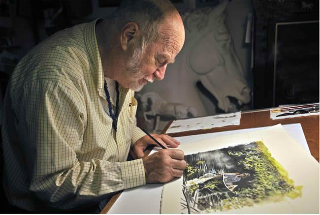 Watercolor artist in studio