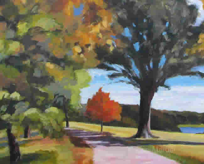 Painting of autumn trees by Lisa Marder showing shadows and massing of leaves on trees.
