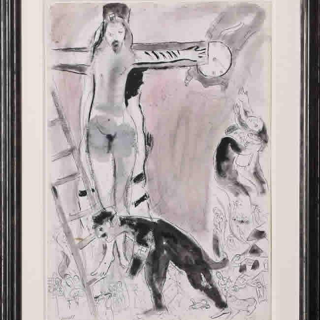 Drawing of Christ on Cross frowning down at a Nazi who bends over small, struggling figures