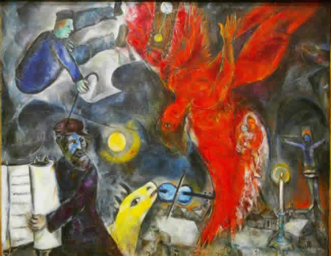 A red angel falls head-first into a scene with a mother and child, a crucifix, and a rabbi with a Torah