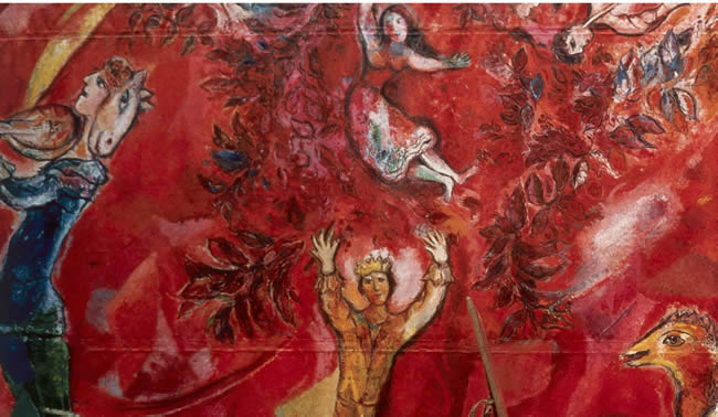 A woman floats, a prince dances, and a donkey-headed man plays a mandolin against a red background