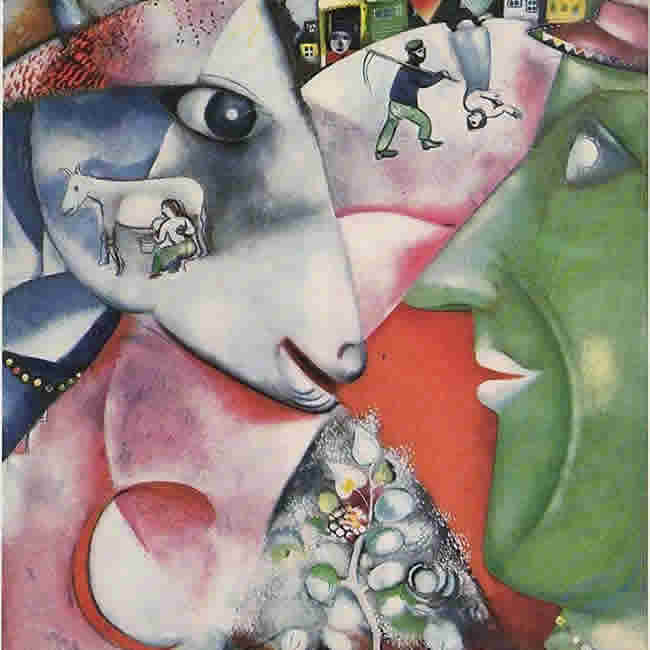 A green face, the head of a cow, and an upside image of a village with field workers