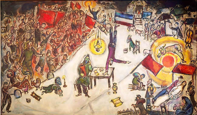 A jumbled crowd of soldiers, musicians, faarm animals, and towns people wave flags, fight, and crowd around a green faced man seated at a table.