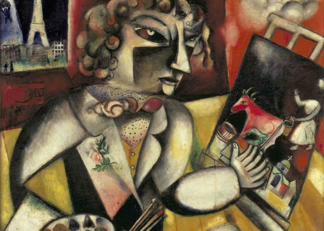 An artist with a cubist face stands at his easel and works on a painting of a milkmaid with a cow.