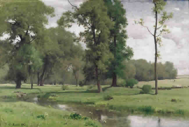 Landscape painting by George Inness with sky showing through trees