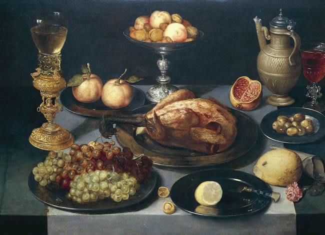 Still Life, fruit and other food, Peter Binoit (1590-1632 ca), painting on panel
