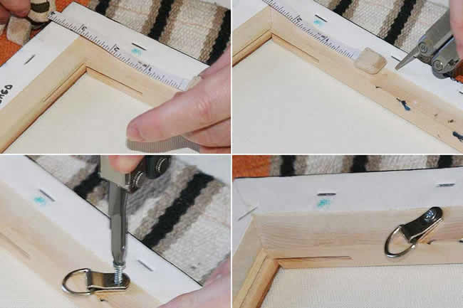 Close-up shots of picture hanging hardware