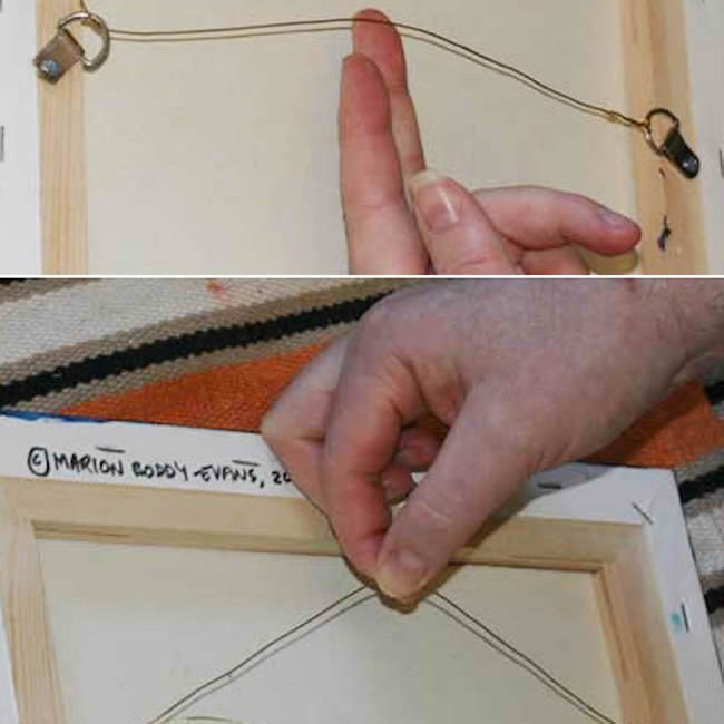 Give the frame hanging wire a little slack before tying the knot