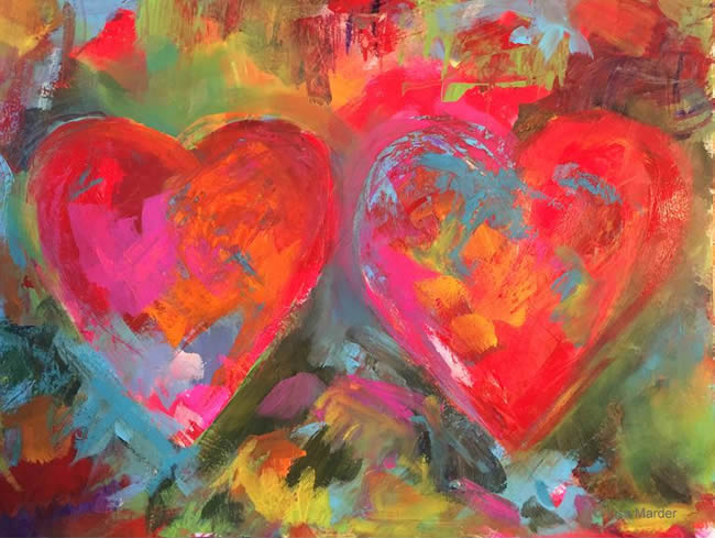 Painting of hearts inspired by Jim Dine by Lisa Marder