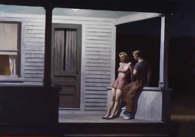 Young man and woman slump sadly under a porch light of a country house on a dark night