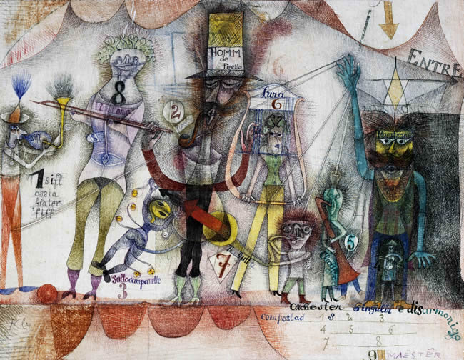 Playful line figures with distorted shapes in a colorful circus setting.