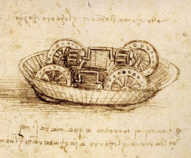 Drawing of Tank and Notes Written in Mirror Image by Leonardo da Vinci