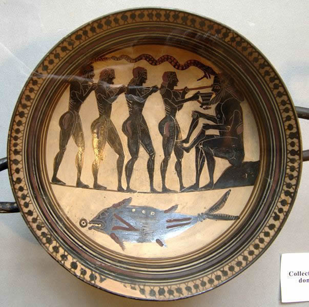 Odysseus and His Men Blinding Polyphemus, Laconian black-figure cup, 565-560 B.C.