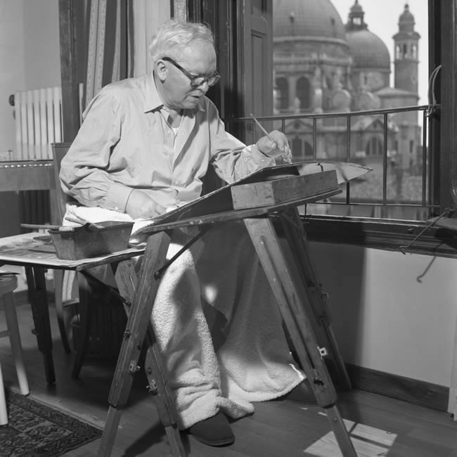 Raoul Dufy seated, painting venice scene with left hand