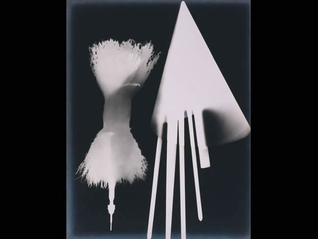 Two hazy white shapes on a black background.