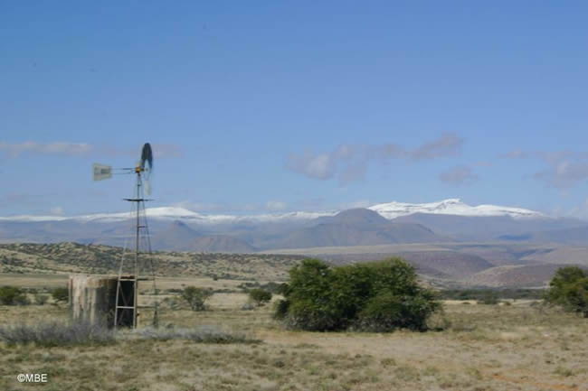 Windmill and shrub on a plain with mountains in the distance.