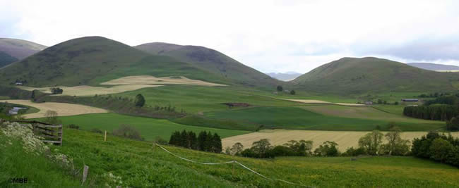 Landscape photo of the Scottish countryside with fields, hills, and fencing.