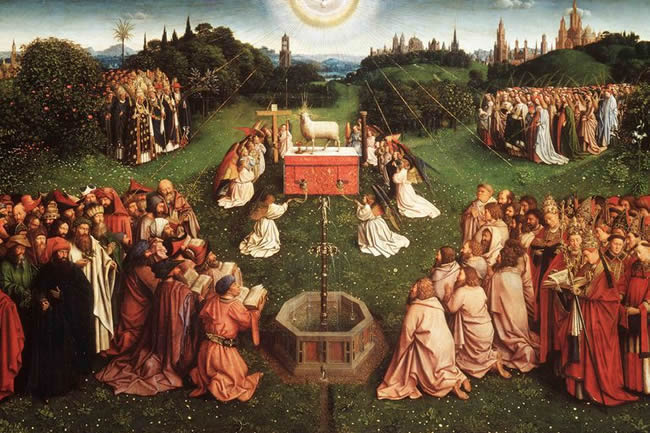 Part of the Ghent Alterpiece by Jan Van Eyck depicting angels kneeling before a lamb.