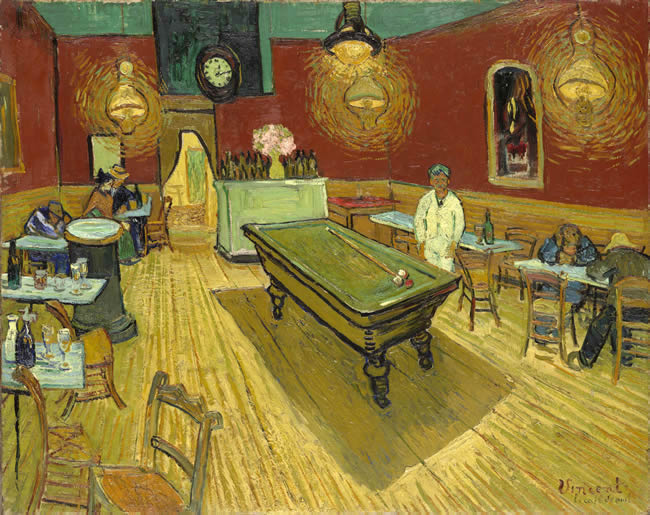 Room with red walls, yellow floor, hanging lights, clock, bar, and pool table.