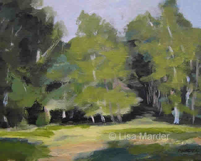 Painting of birch trees using a variety of greens.