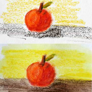 Painting with watersoluble crayons and pencils