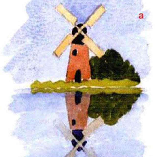 Paint the water across the reflected windmill