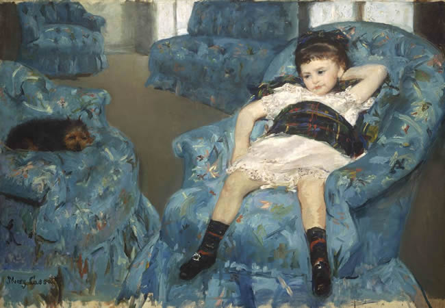 Mary Stevenson Cassatt (American, 1844-1926). Little Girl in a Blue Armchair, 1878. Oil on canvas. Overall: 89.5 x 129.8 cm (35 1/4 x51 1/8 in.). Collection of Mr. And Mrs. Paul Mellon. 1983.1.18. National Gallery of Art, Washington, DC