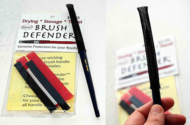 Brush Defender packaging next to person holding brush defender.