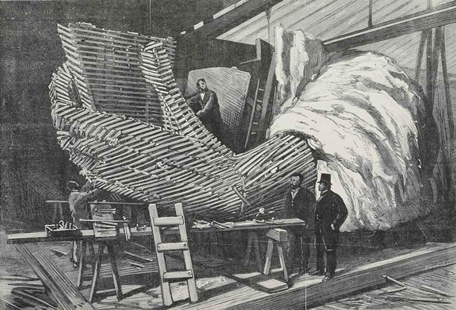 Construction work for Statue of Liberty, designed by Frederic Auguste Bartholdi, in Paris, France, engraving from LIllustration, Journal Universel, No 2076, Volume LXXX, December 9, 1882