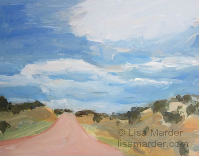 Painting of a road disappearing over a hill and a cloudy blue sky