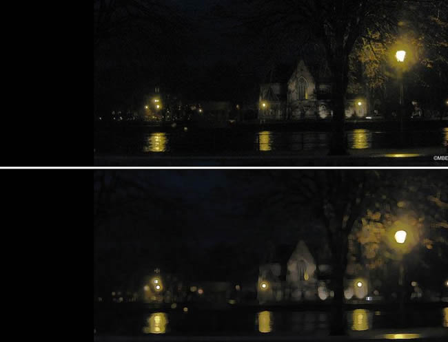 A river at night with lights reflecting on the water and an artist rendering of the same scene.