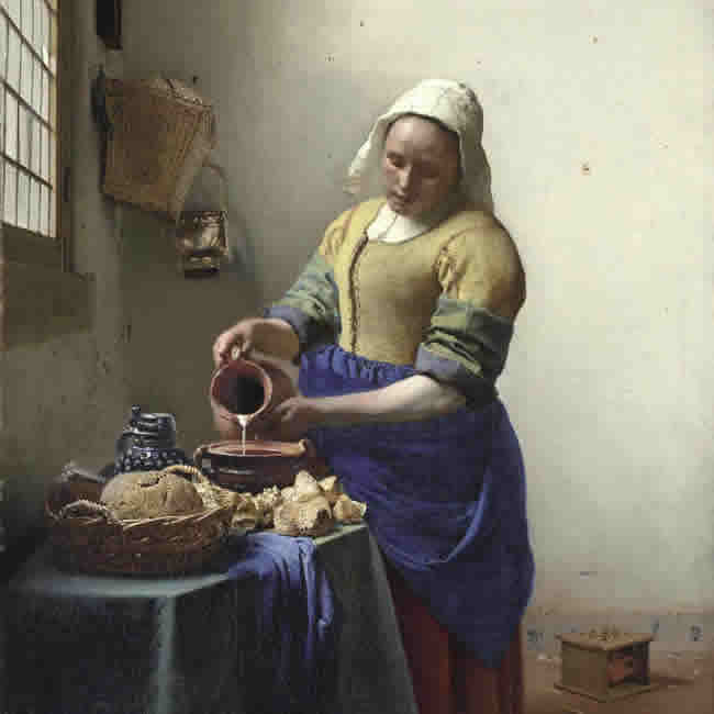 Johannes Vermeer (Dutch, 1632-1675). The Milkmaid, ca. 1658. Oil on canvas. 17 7/8 x 16 1/8 in. (45.5 x 41 cm). SK-A-2344. Rijksmuseum, Amsterdam.