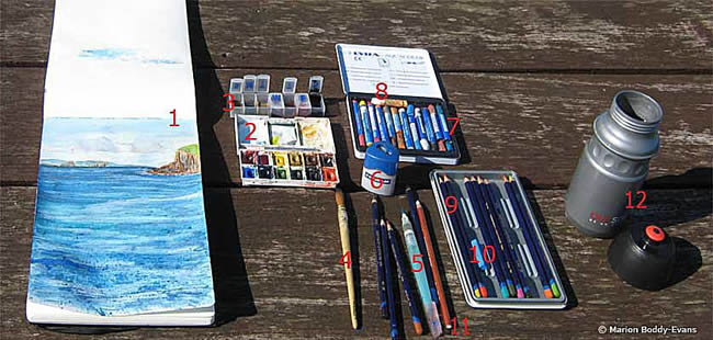 Plein air watercolor supplies used by artist Marion Boddy-Evans