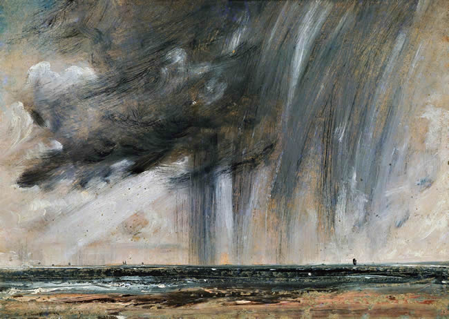 Rainstorm over the sea, seascape study with rainclouds, ca 1824-1828, by John Constable (1776-1837), oil on paper laid on canvas, 22.2x31 cm