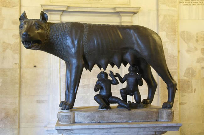 Bronze statue of Romulus and Remus suckling She-Wolf .