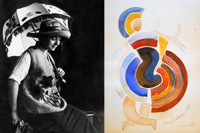 L: Sonia Delaunay photographed with some of her designs. R: An untitled 1917 painting by Delaunay.