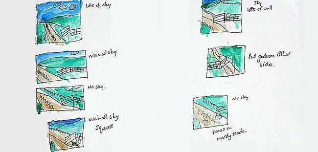 Thumbnails for paintings in an artist sketchbook.